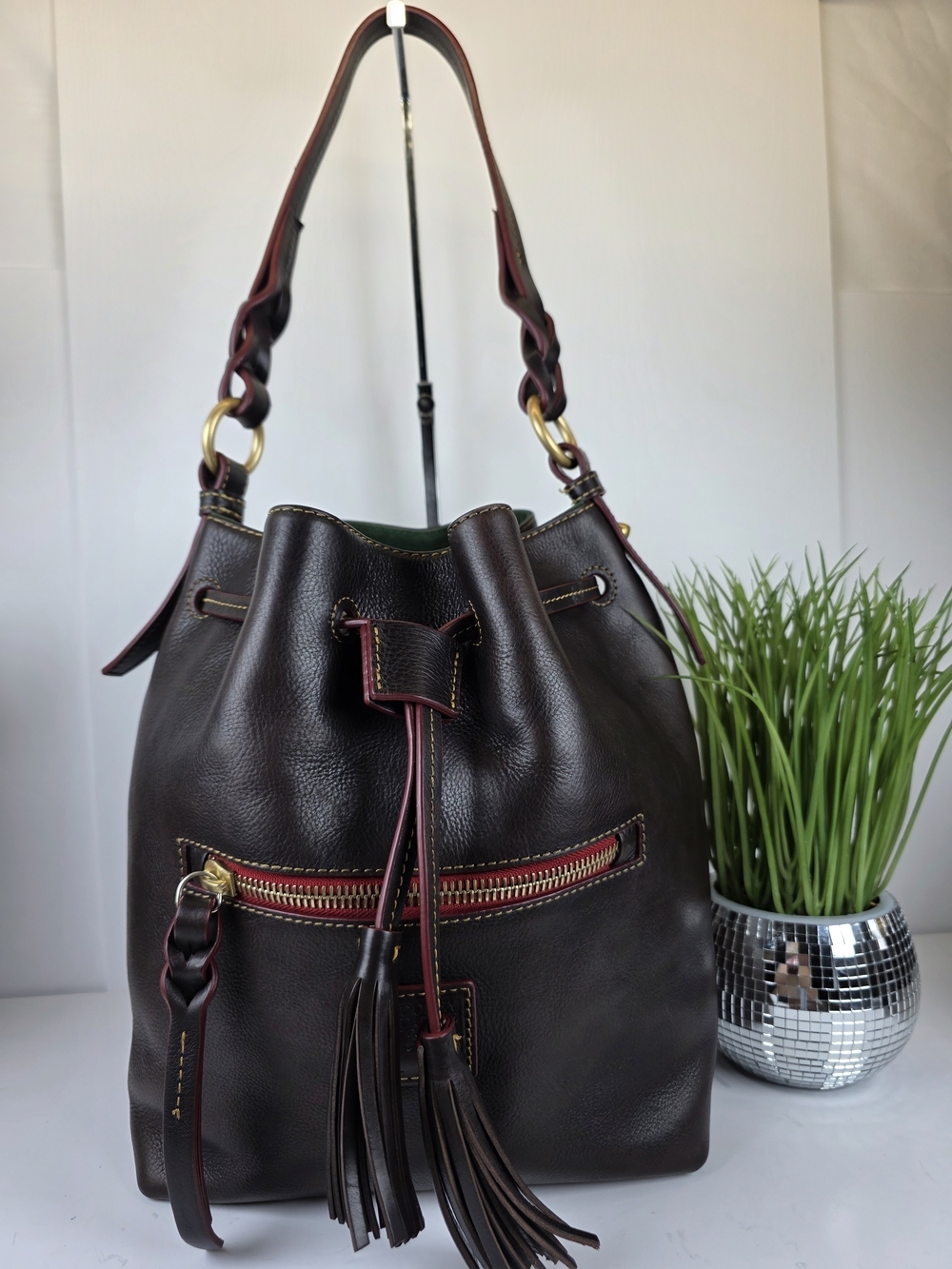 Dooney & Bourke Tmoro Vintage Dark Brown Leather Drawstring Bucket Shoulder Bag